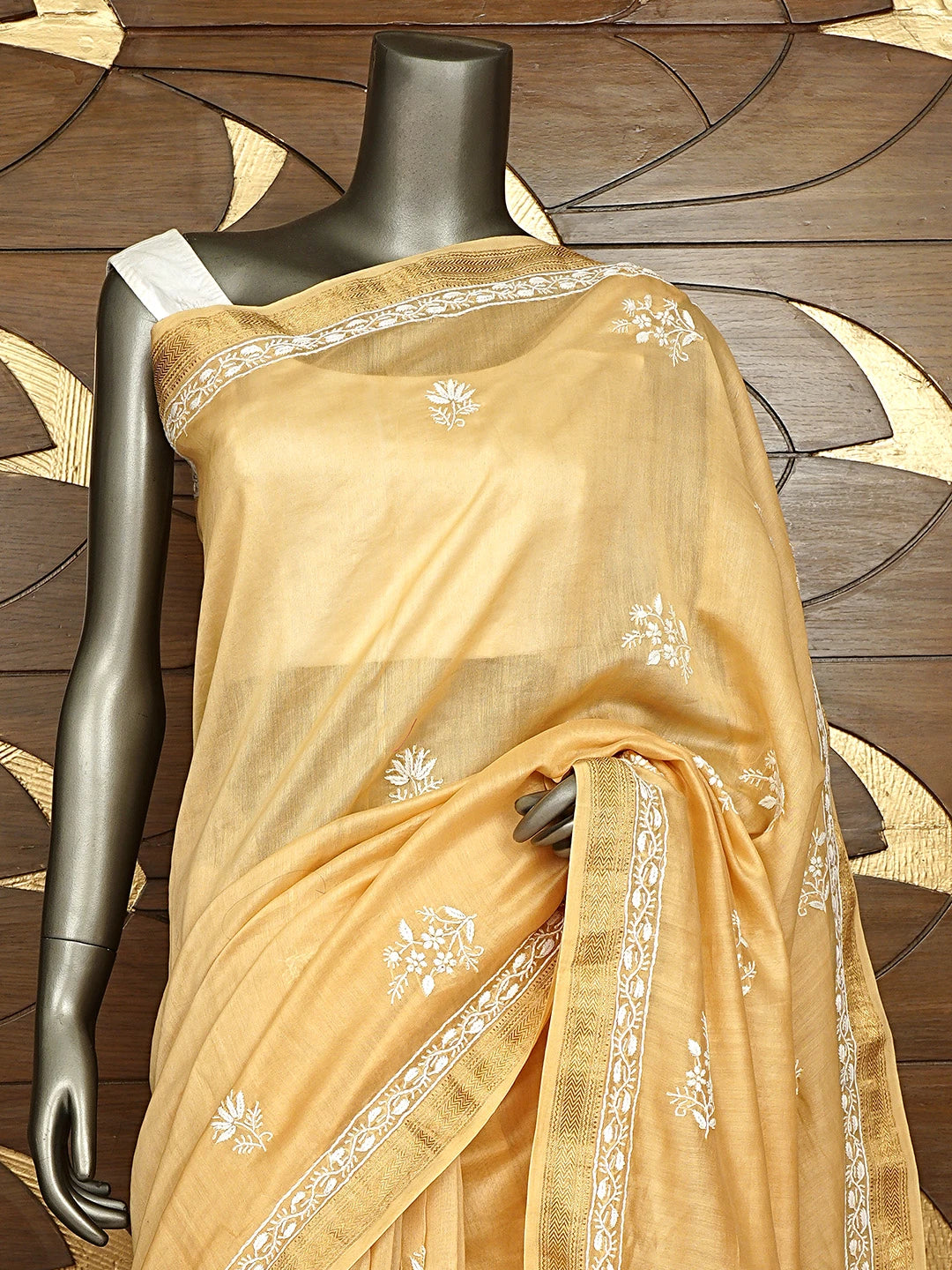 Ada Hand Embroidered Light Caramel Brown Chanderi Lucknowi Chikankari Saree With Blouse 01A919720