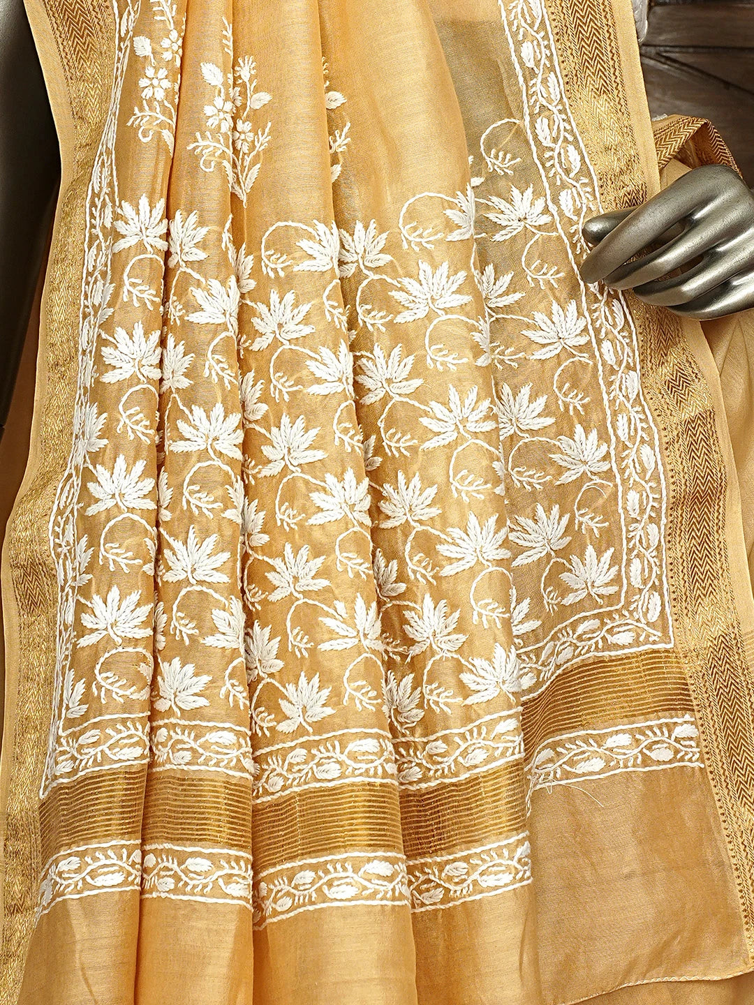 Ada Hand Embroidered Light Caramel Brown Chanderi Lucknowi Chikankari Saree With Blouse 01A919720