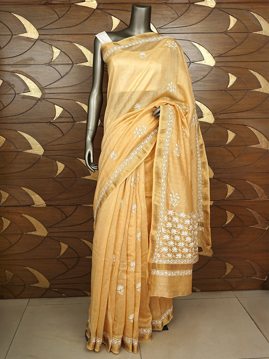 Ada Hand Embroidered Light Caramel Brown Chanderi Lucknowi Chikankari Saree With Blouse 01A919720