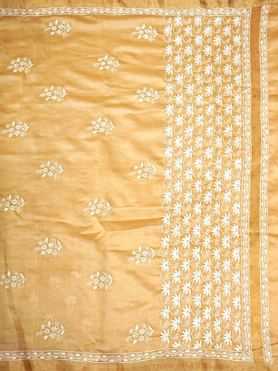 Ada Hand Embroidered Light Caramel Brown Chanderi Lucknowi Chikankari Saree With Blouse 01A919720