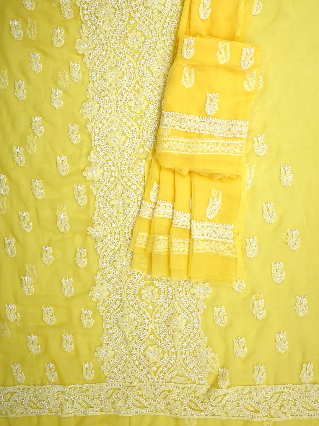 Ada Hand Embroidered Yellow Georgette Lucknowi Chikankari Unstitched Suit Piece 01A793584