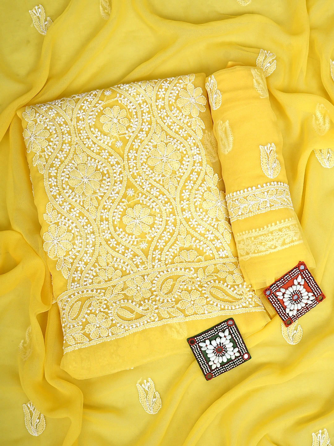 Ada Hand Embroidered Yellow Georgette Lucknowi Chikankari Unstitched Suit Piece 01A793584