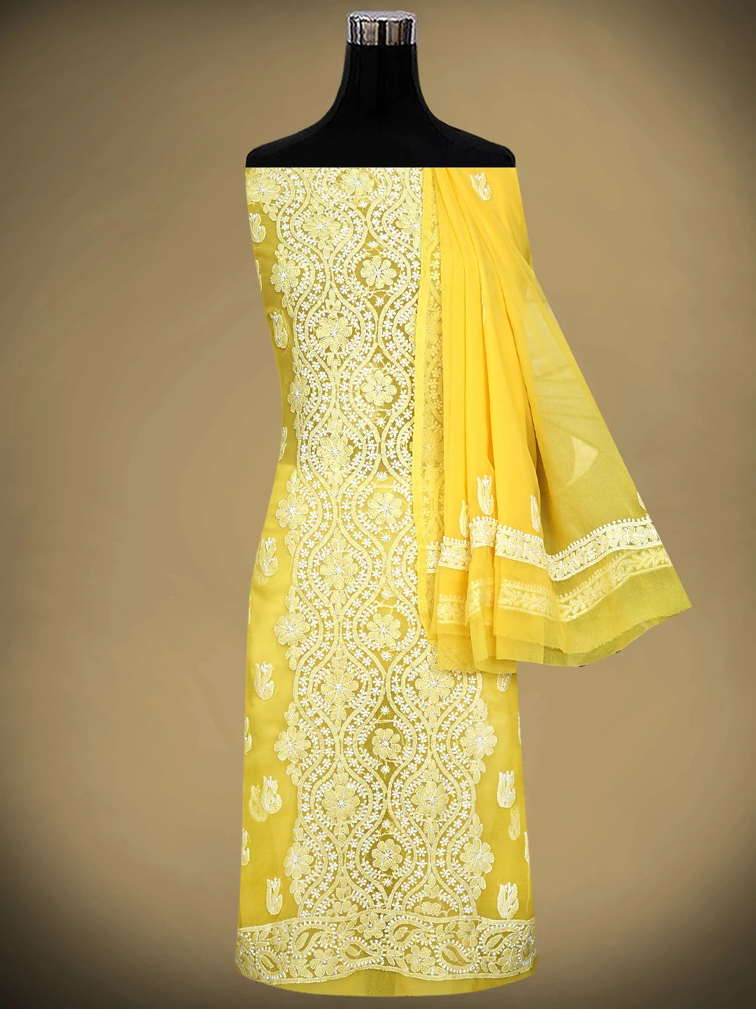 Ada Hand Embroidered Yellow Georgette Lucknowi Chikankari Unstitched Suit Piece 01A793584