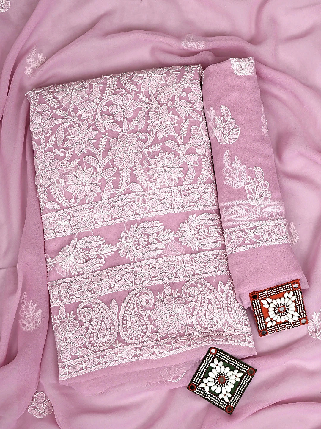 Ada Hand Embroidered Tea Rose Pink  Georgette Lucknowi Chikankari Unstitched Suit Piece 01A933069