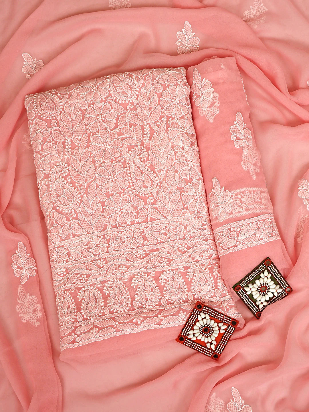 Ada Hand Embroidered Peach Georgette Lucknowi Chikankari Unstitched Suit Piece 01A933076