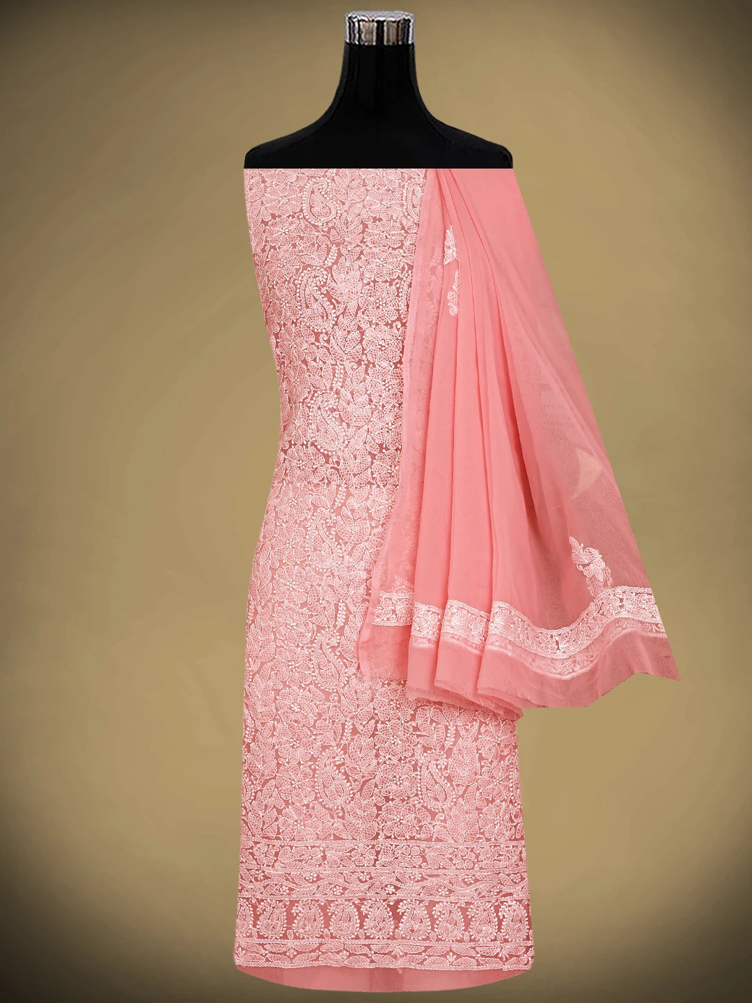 Ada Hand Embroidered Peach Georgette Lucknowi Chikankari Unstitched Suit Piece 01A933076