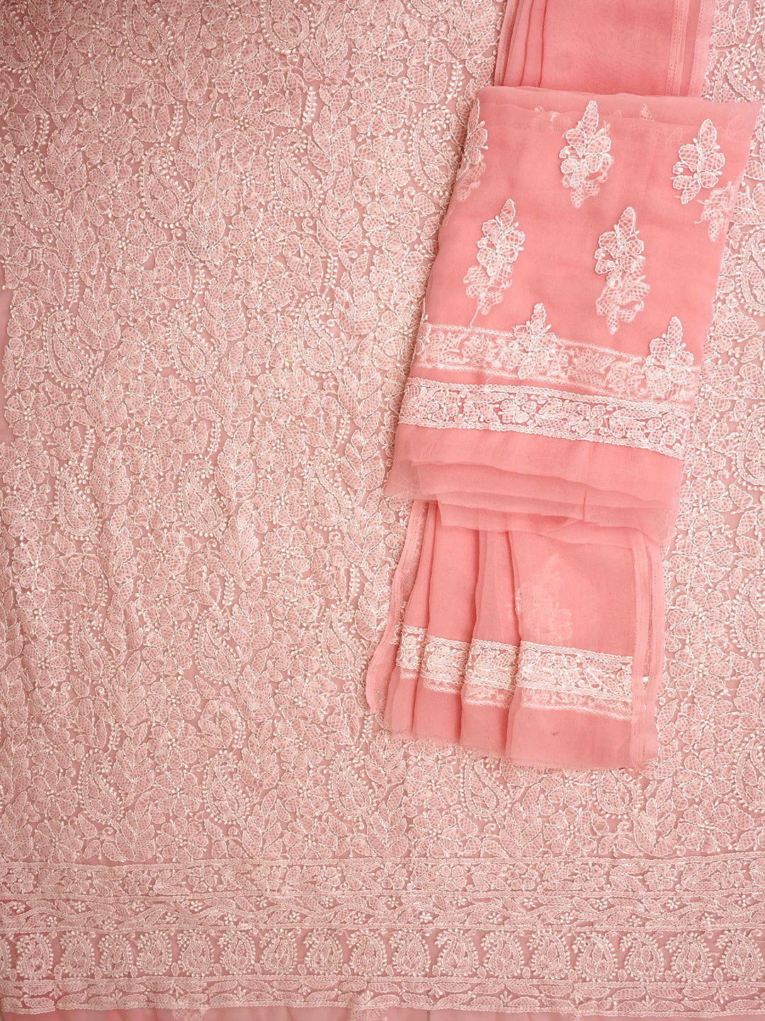 Ada Hand Embroidered Peach Georgette Lucknowi Chikankari Unstitched Suit Piece 01A933076