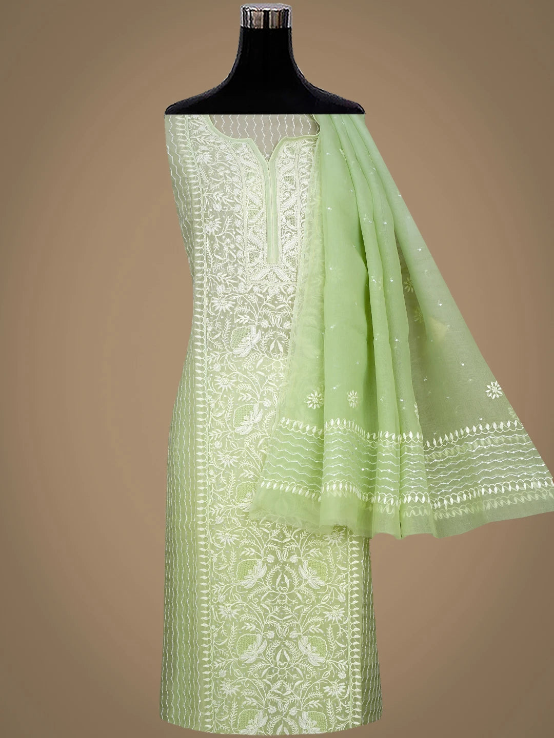Ada Hand Embroidered Light Green Organza Lucknowi Chikankari Semi-Stitched Kurta Dupatta Set With Cutdana Work 01A933881