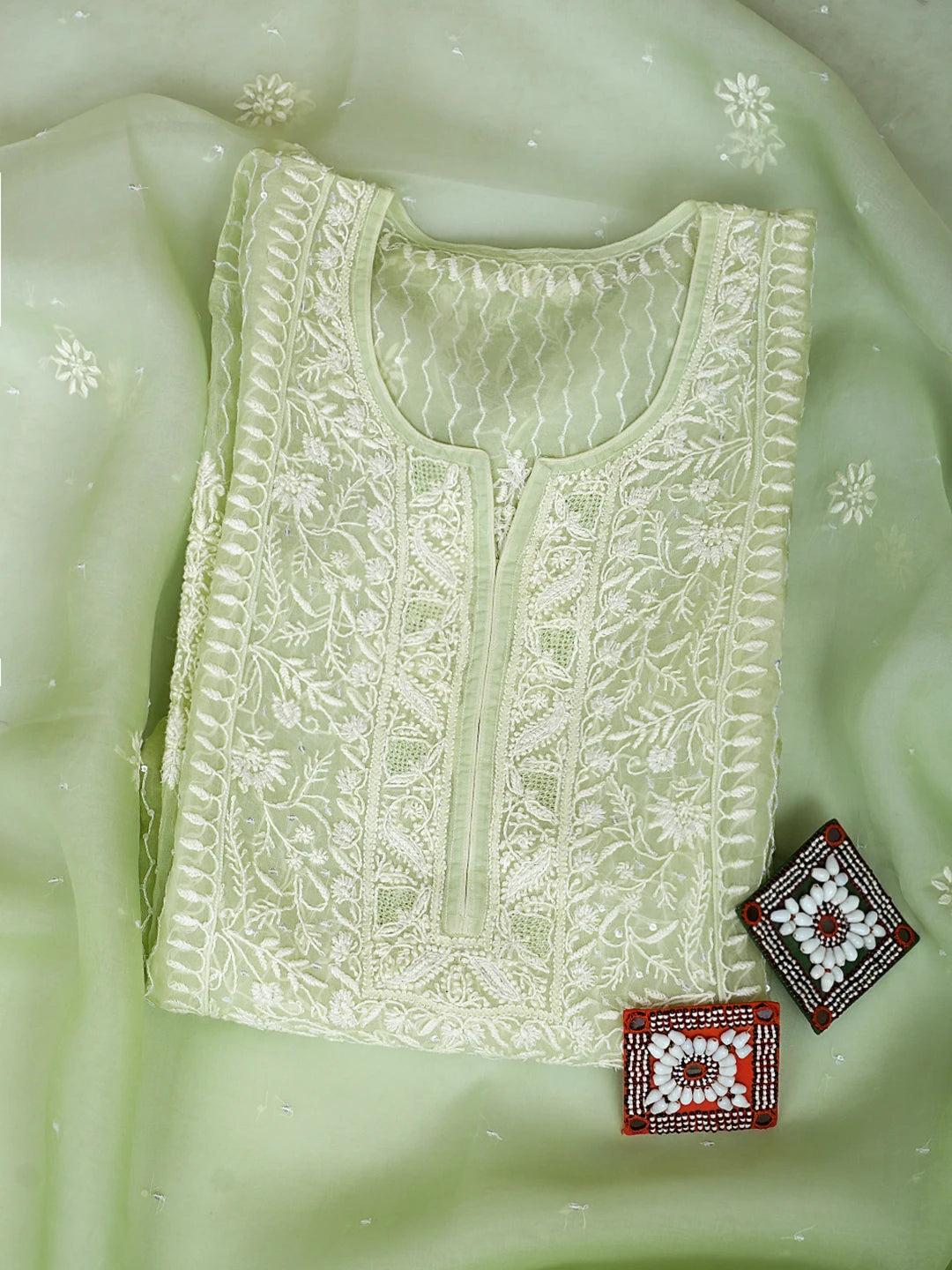 Ada Hand Embroidered Light Green Organza Lucknowi Chikankari Semi-Stitched Kurta Dupatta Set With Cutdana Work 01A933881