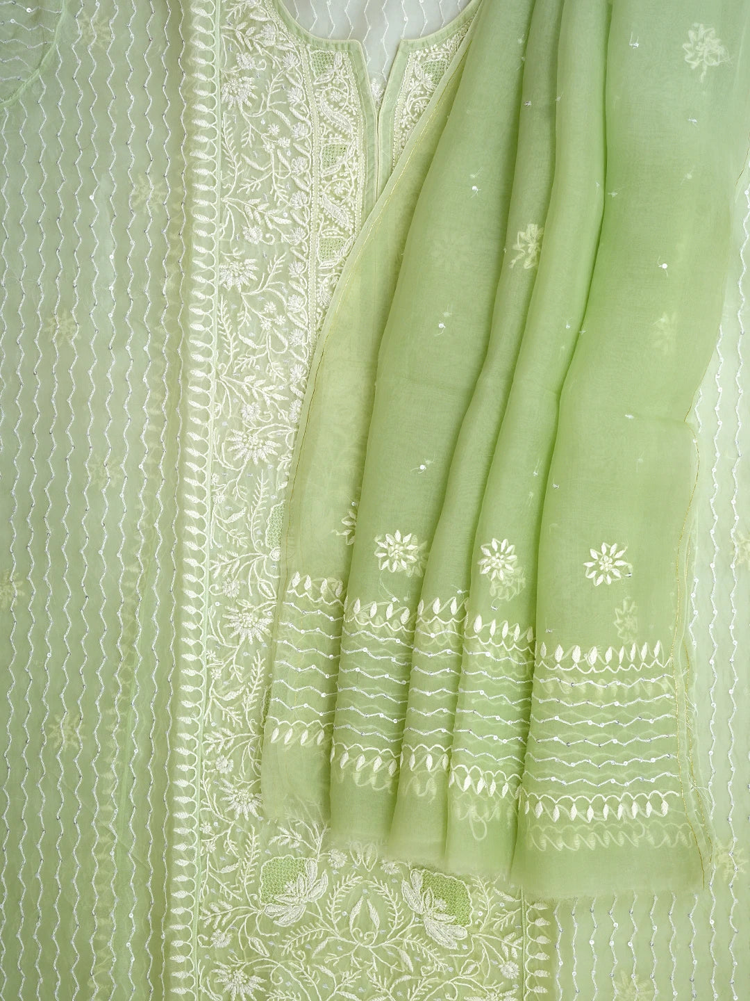 Ada Hand Embroidered Light Green Organza Lucknowi Chikankari Semi-Stitched Kurta Dupatta Set With Cutdana Work 01A933881
