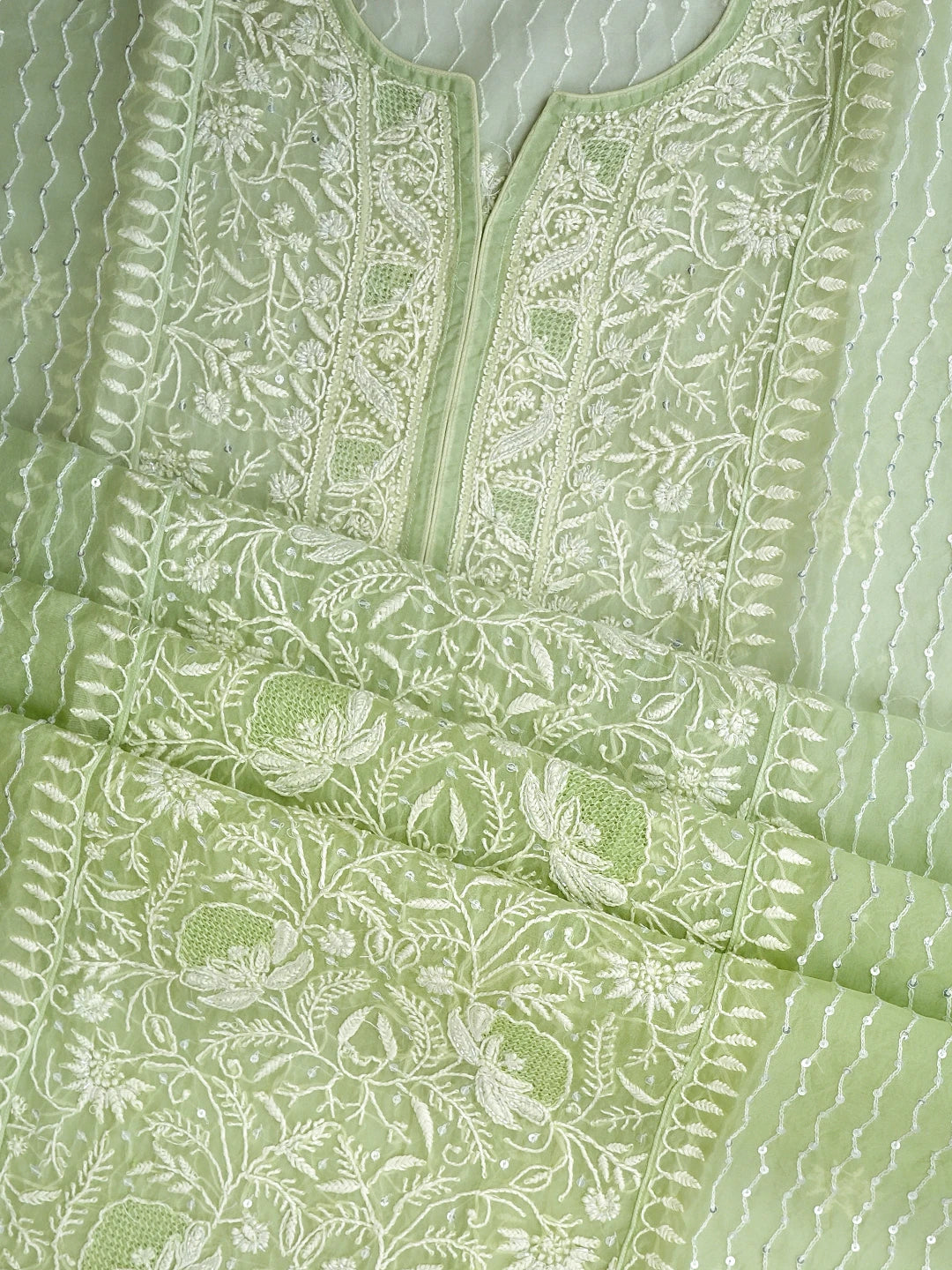 Ada Hand Embroidered Light Green Organza Lucknowi Chikankari Semi-Stitched Kurta Dupatta Set With Cutdana Work 01A933881