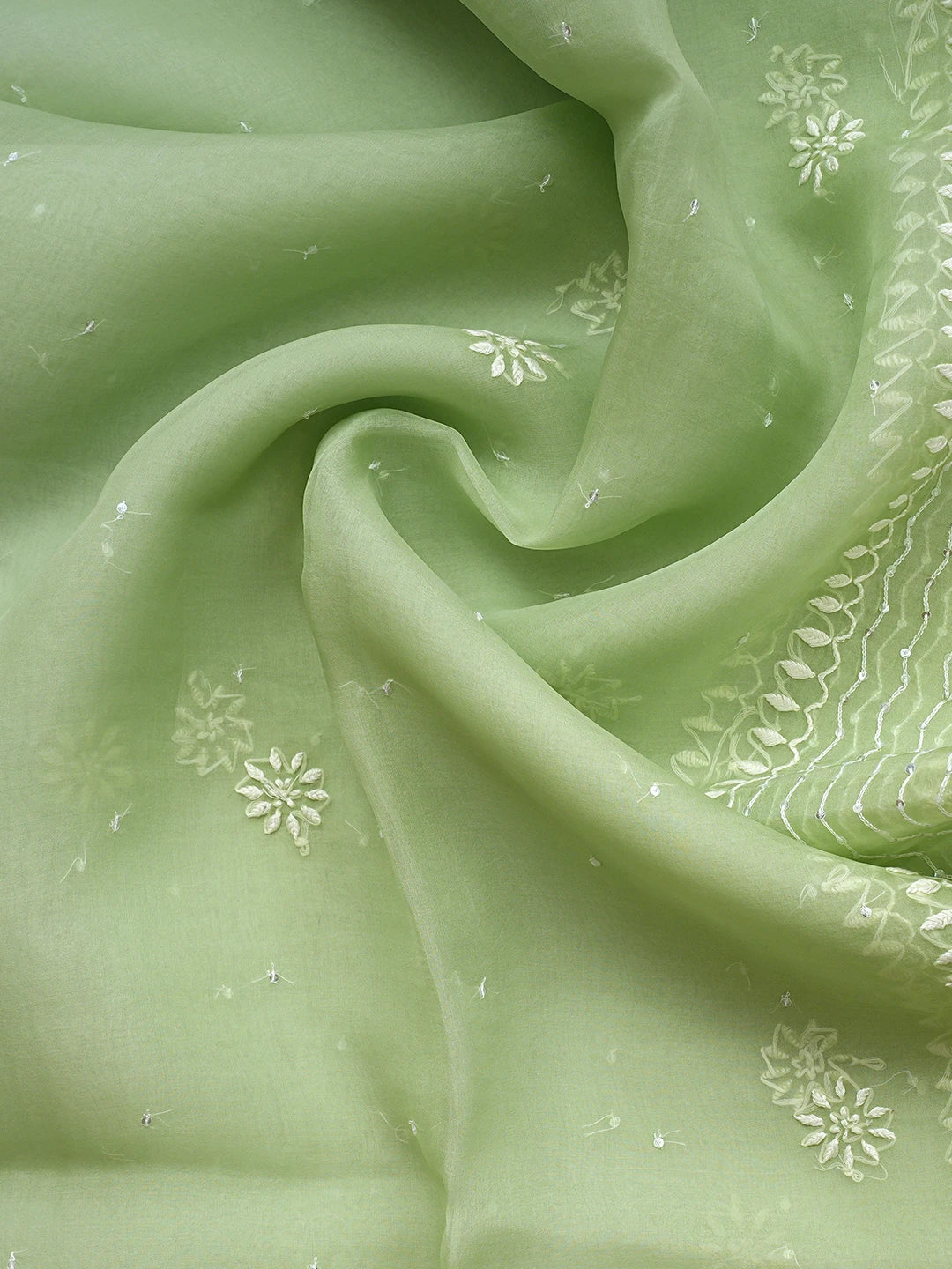Ada Hand Embroidered Light Green Organza Lucknowi Chikankari Semi-Stitched Kurta Dupatta Set With Cutdana Work 01A933881