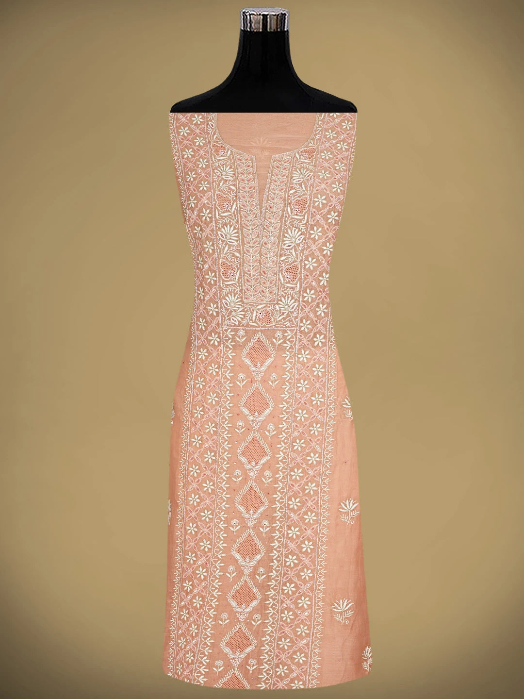 Ada Hand Embroidered Peach Chanderi Lucknowi Chikankari Unstitched Kurta Dupatta Set With Cutdana Work 01A902103