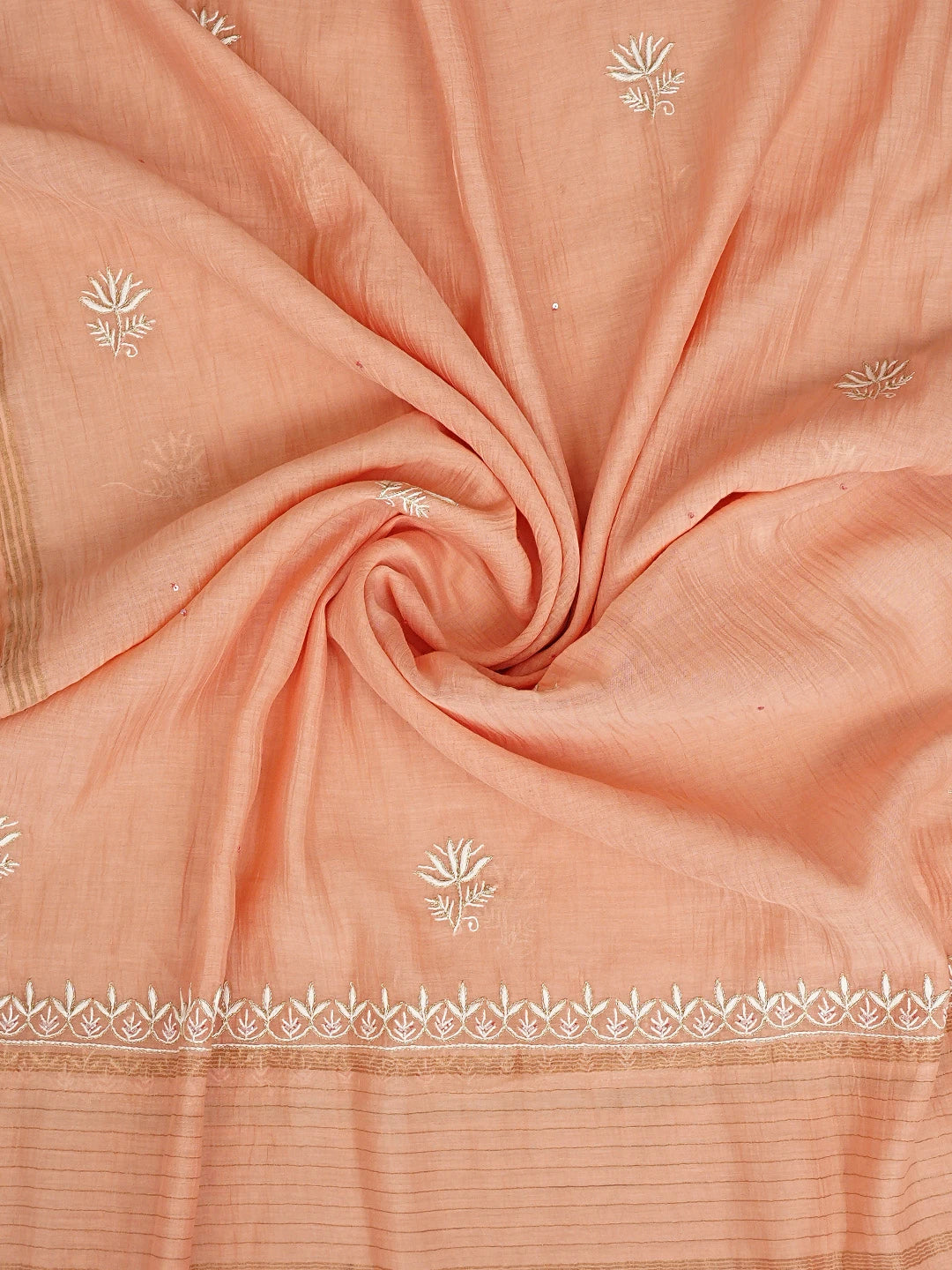 Ada Hand Embroidered Peach Chanderi Lucknowi Chikankari Unstitched Kurta Dupatta Set With Cutdana Work 01A902103