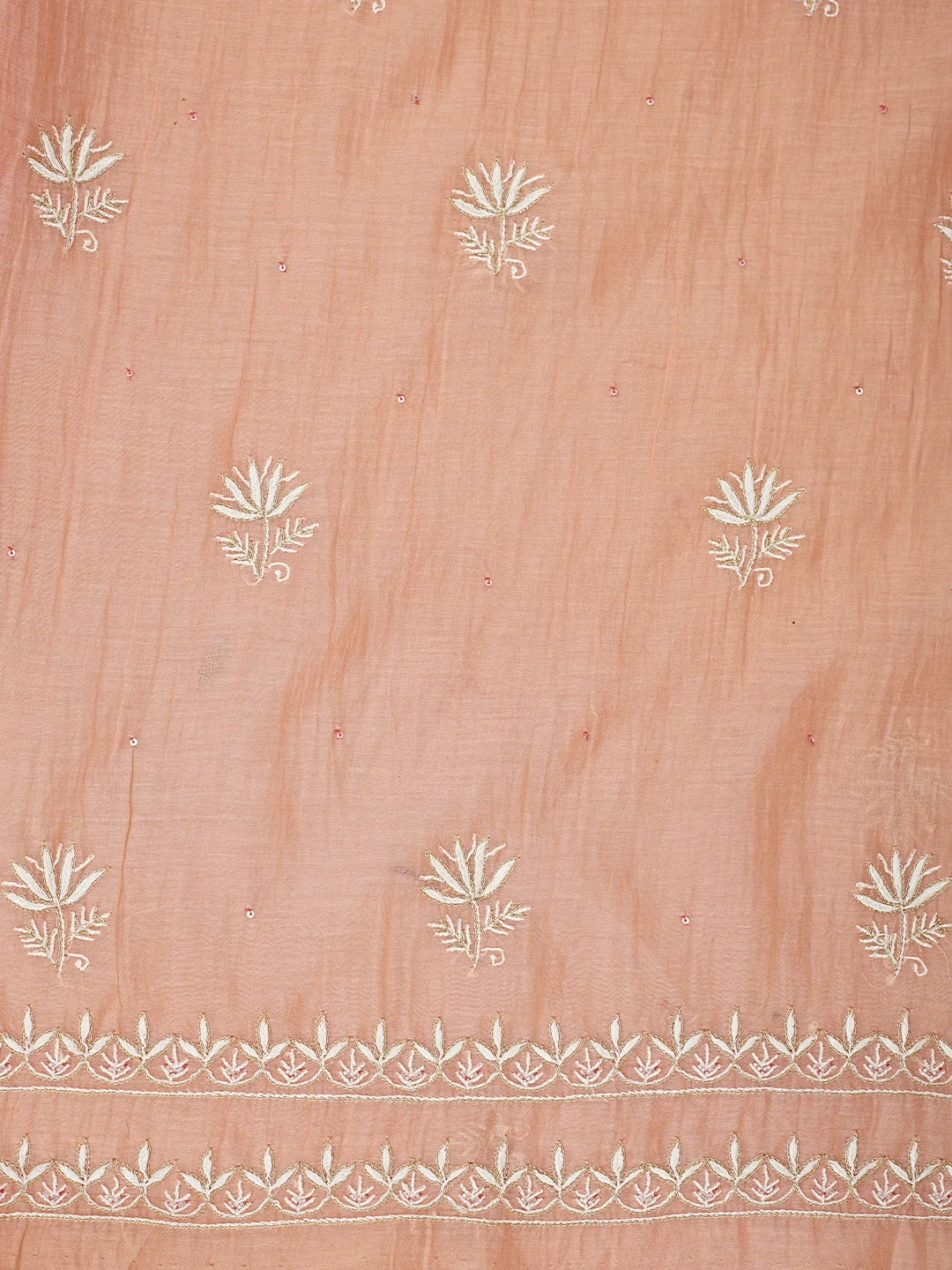 Ada Hand Embroidered Peach Chanderi Lucknowi Chikankari Unstitched Kurta Dupatta Set With Cutdana Work 01A902103