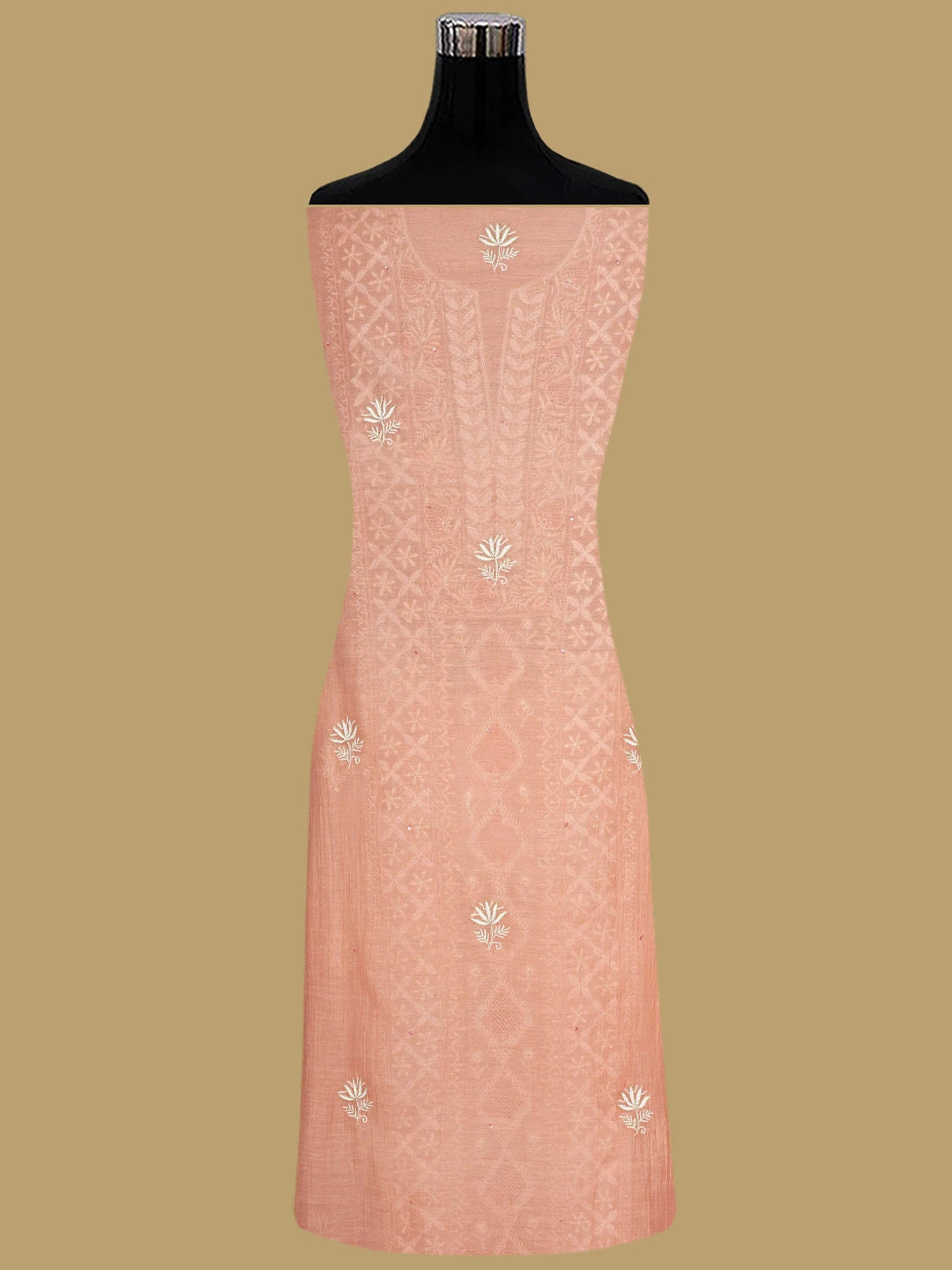 Ada Hand Embroidered Peach Chanderi Lucknowi Chikankari Unstitched Kurta Dupatta Set With Cutdana Work 01A902103