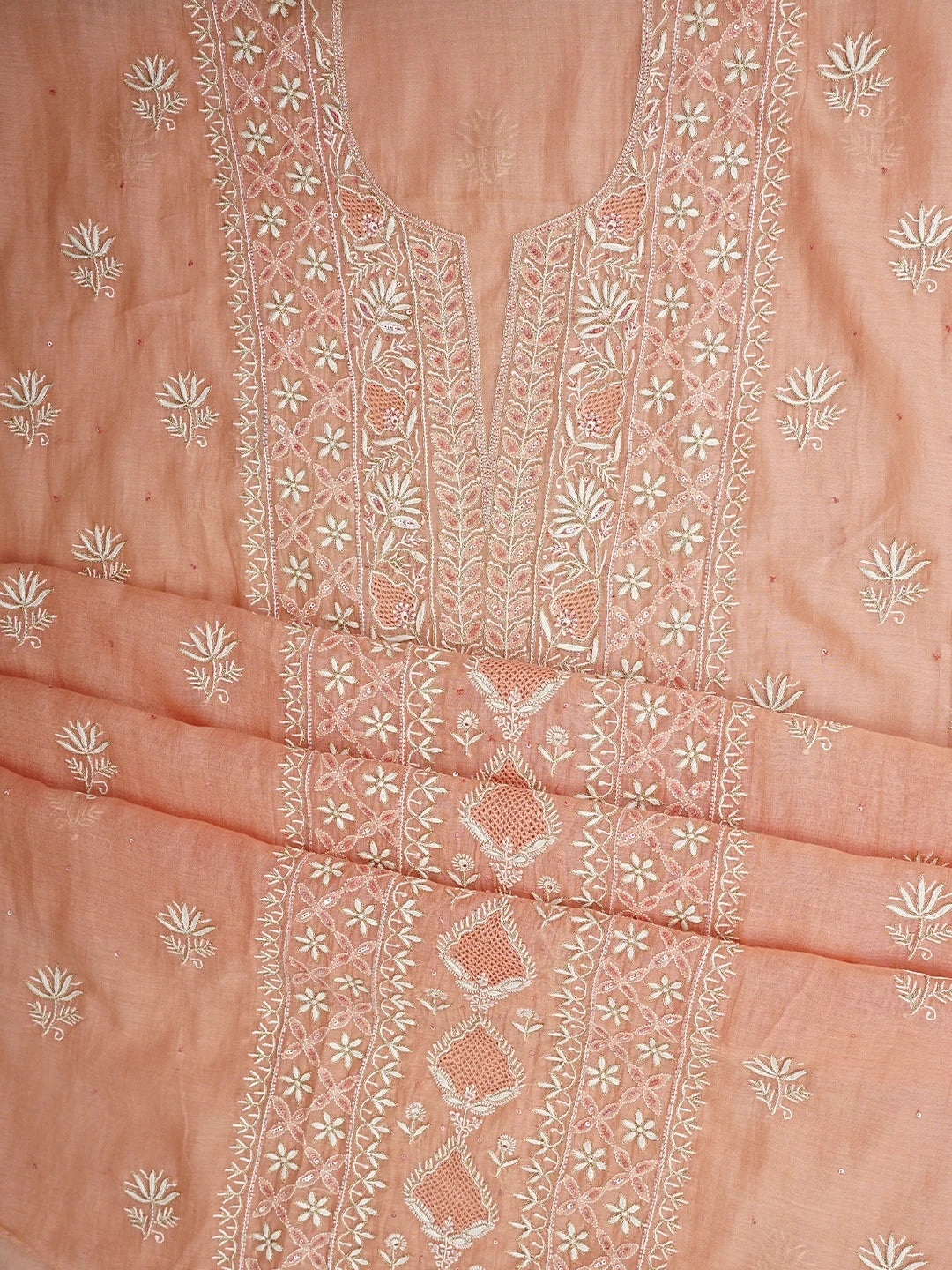Ada Hand Embroidered Peach Chanderi Lucknowi Chikankari Unstitched Kurta Dupatta Set With Cutdana Work 01A902103