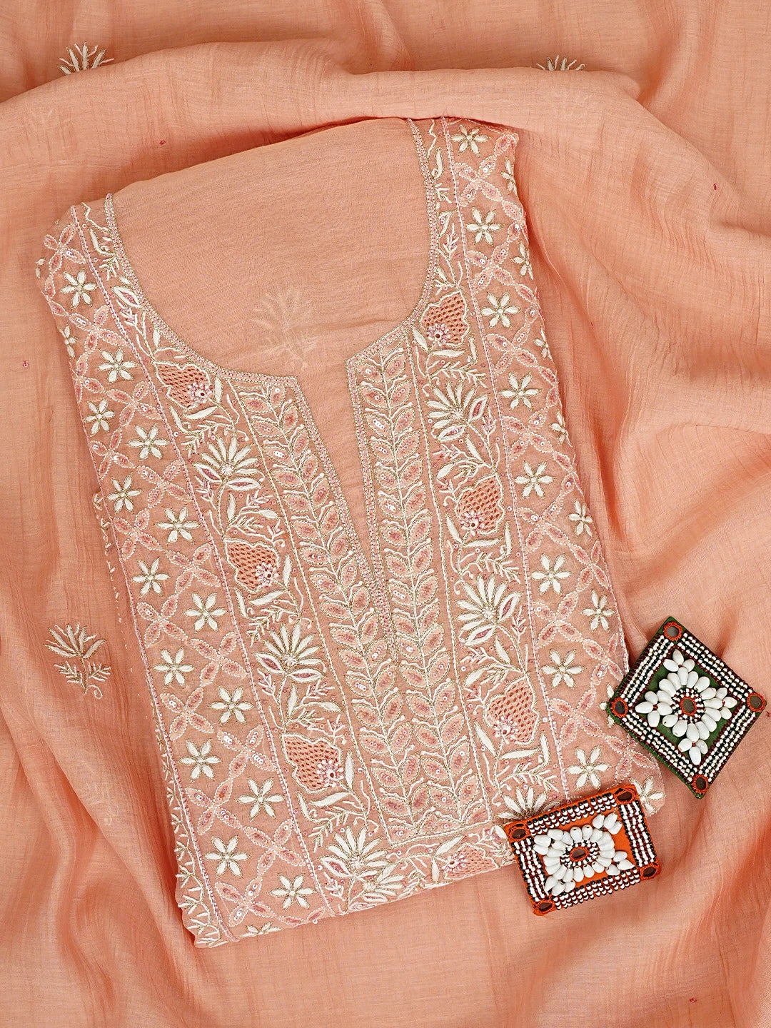 Ada Hand Embroidered Peach Chanderi Lucknowi Chikankari Unstitched Kurta Dupatta Set With Cutdana Work 01A902103