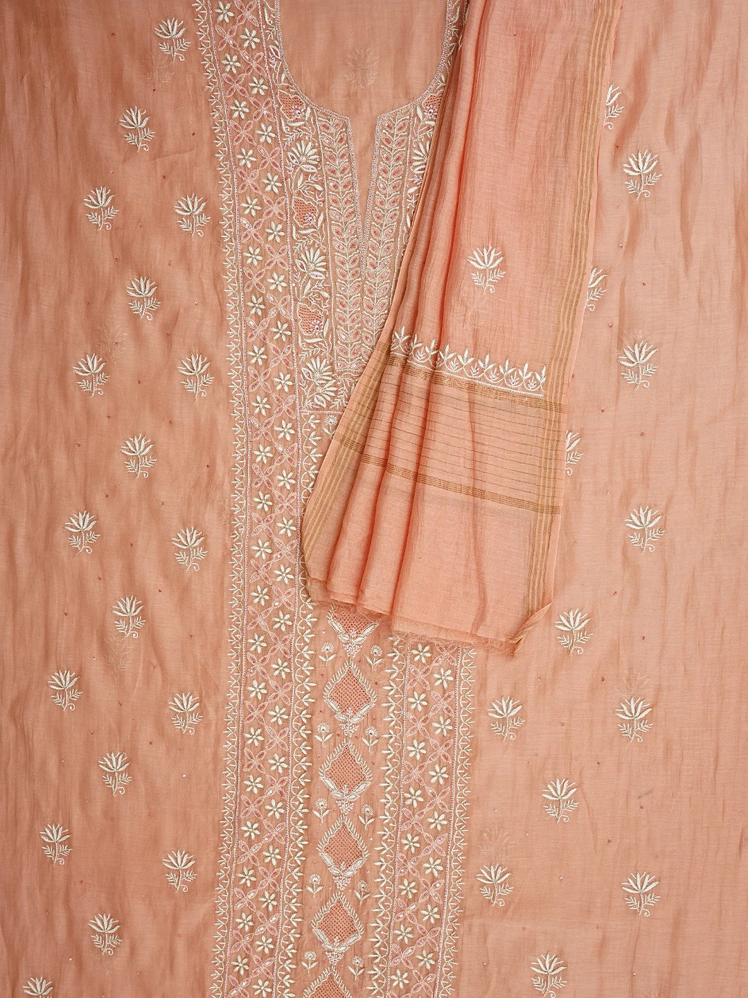 Ada Hand Embroidered Peach Chanderi Lucknowi Chikankari Unstitched Kurta Dupatta Set With Cutdana Work 01A902103