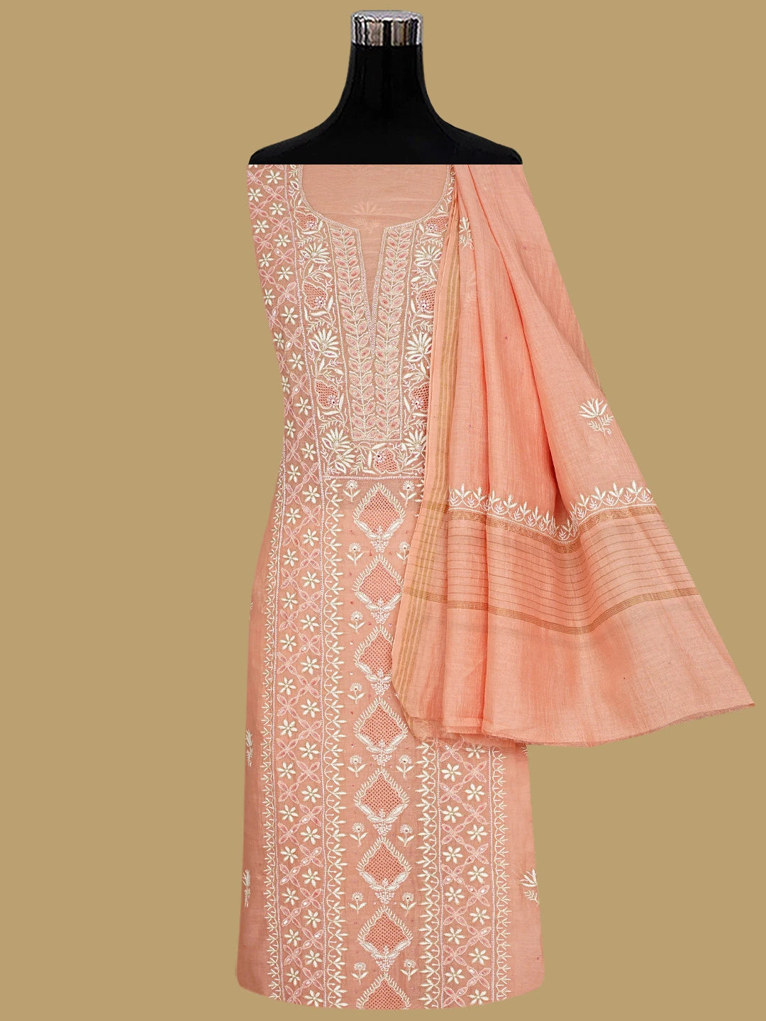 Ada Hand Embroidered Peach Chanderi Lucknowi Chikankari Unstitched Kurta Dupatta Set With Cutdana Work 01A902103