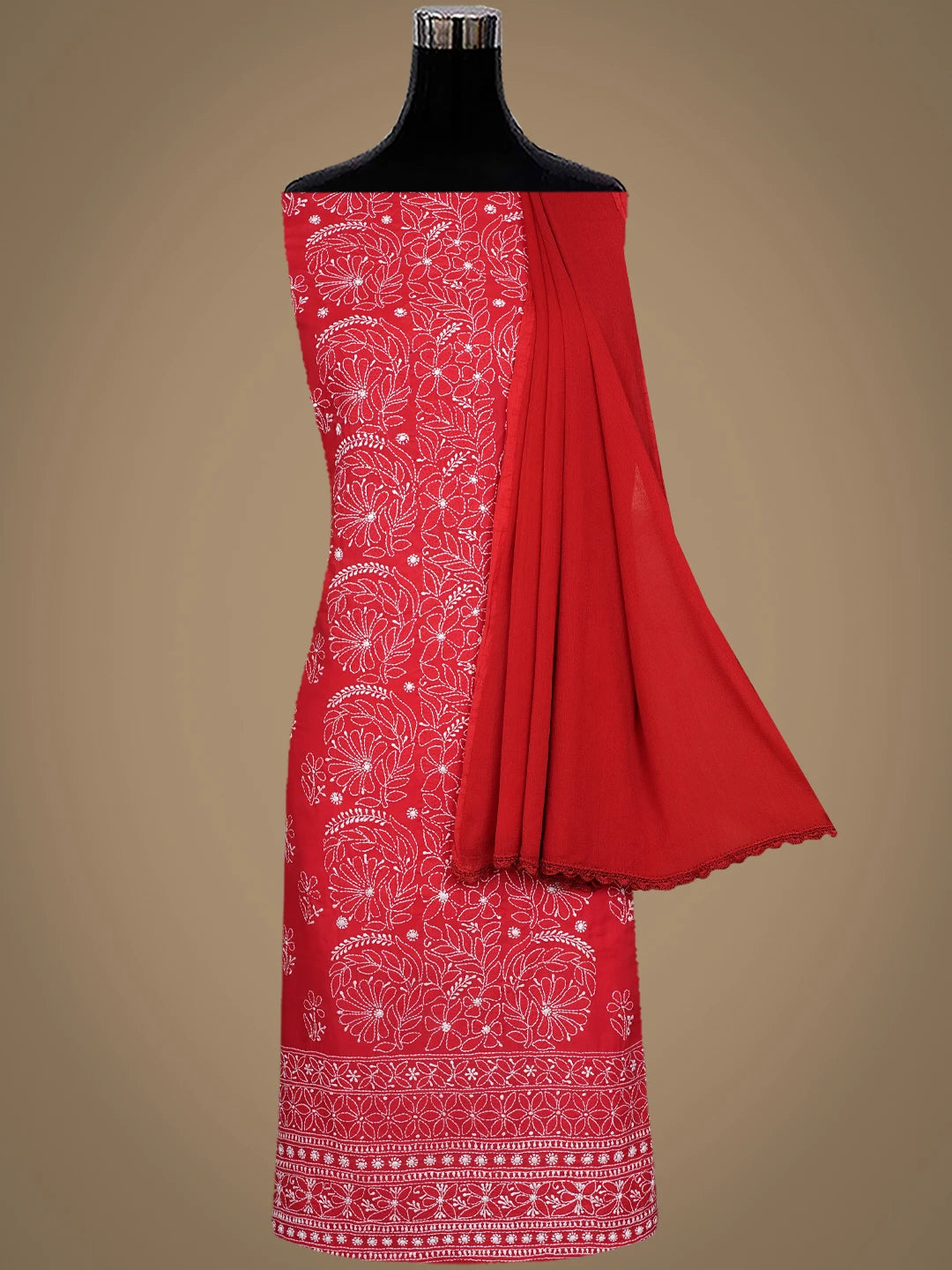 Ada Hand Embroidered Red Coton Lucknowi Chikankari Unstitched Suit Piece 01A642838