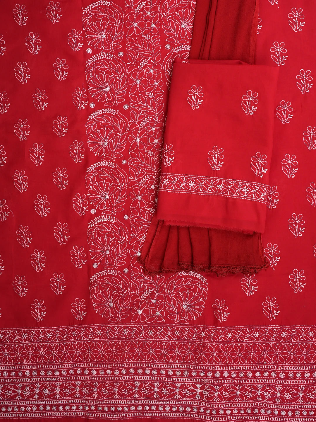 Ada Hand Embroidered Red Coton Lucknowi Chikankari Unstitched Suit Piece 01A642838