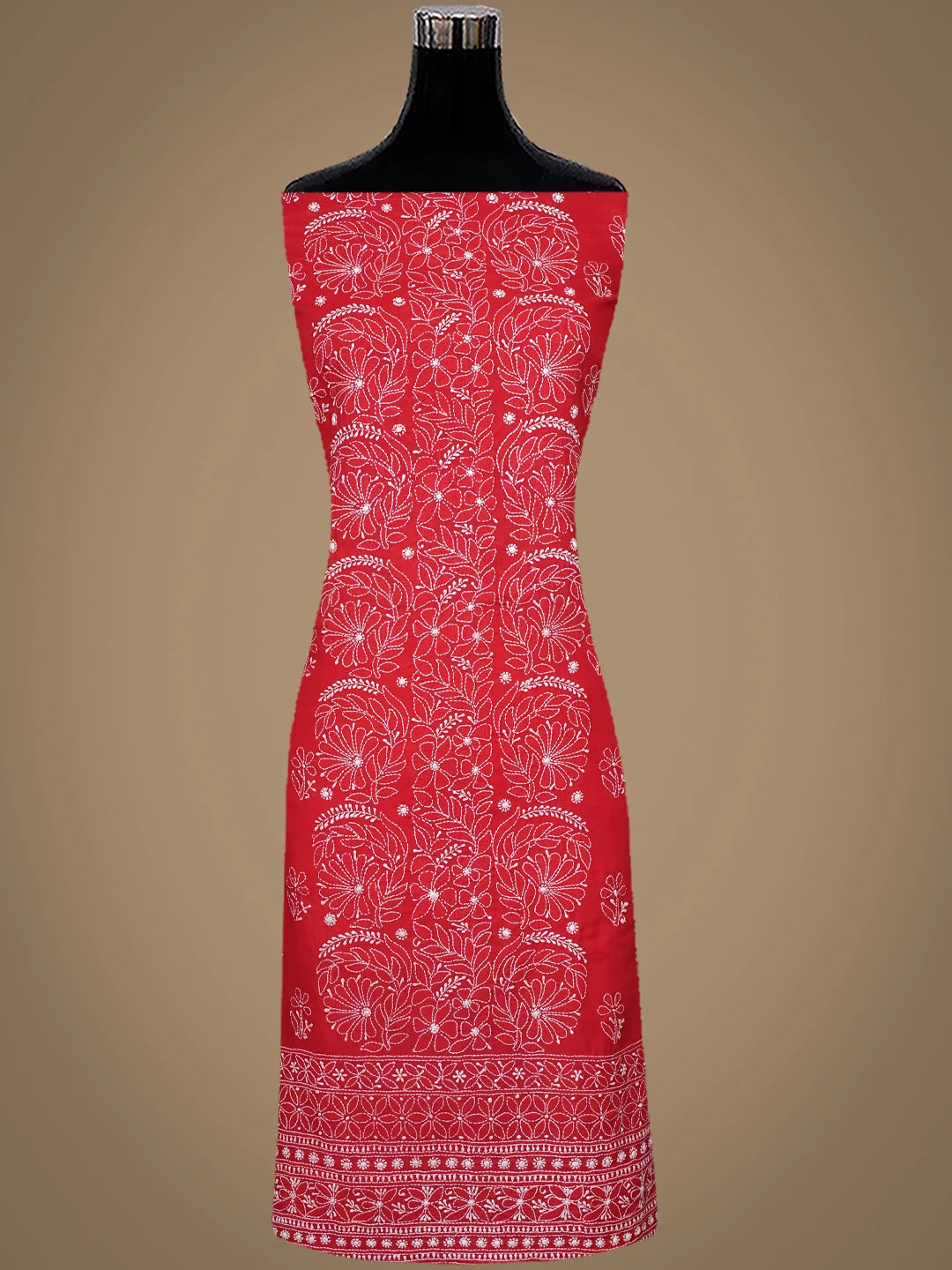 Ada Hand Embroidered Red Coton Lucknowi Chikankari Unstitched Suit Piece 01A642838
