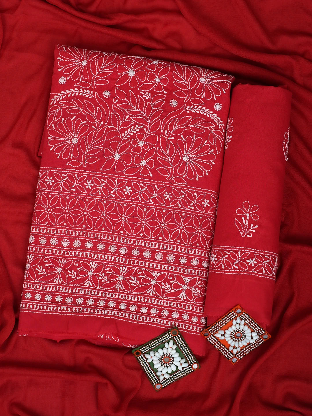 Ada Hand Embroidered Red Coton Lucknowi Chikankari Unstitched Suit Piece 01A642838