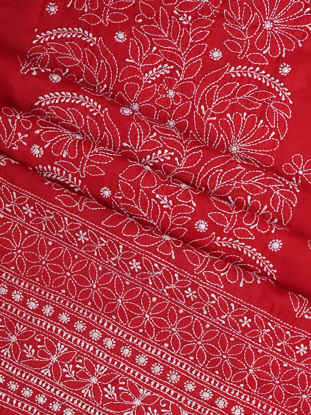 Ada Hand Embroidered Red Coton Lucknowi Chikankari Unstitched Suit Piece 01A642838