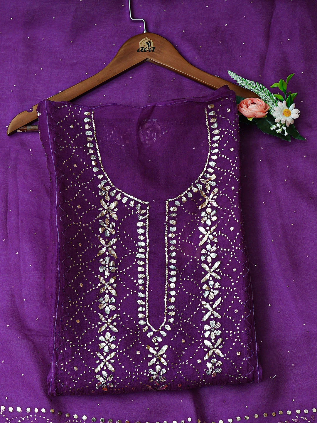 Ada Hand Embroidered Purple Organza Semi-stitched Kurta Dupatta Set With Muqaish/Mukaish Work 01A887245
