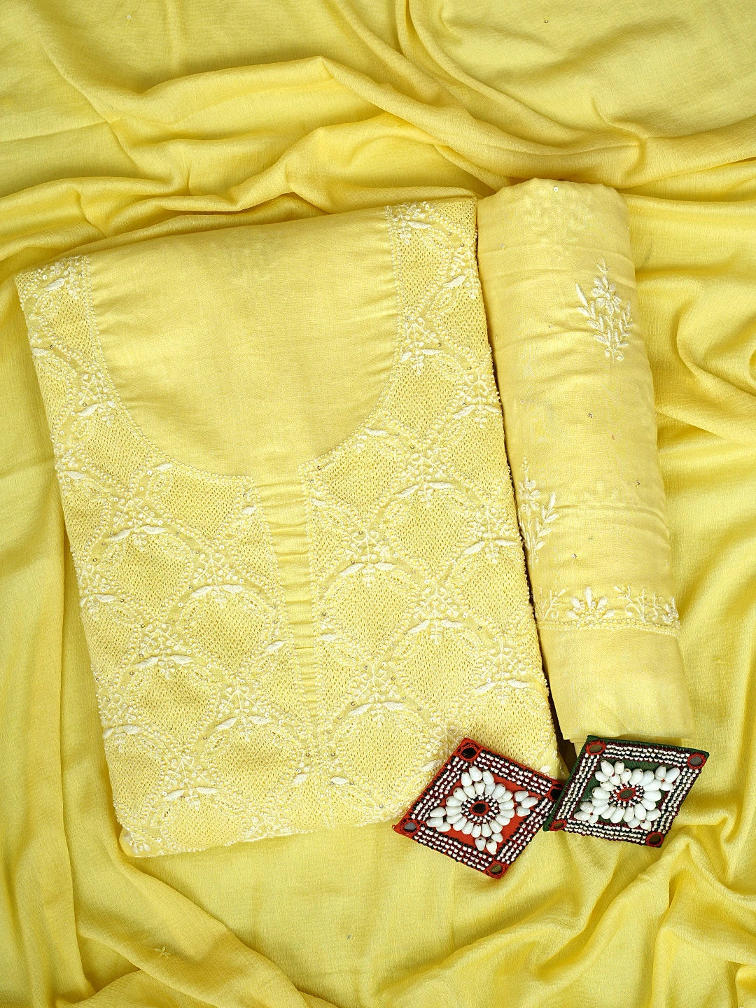 Ada Hand Embroidered Lemon Cotton Lucknowi Chikankari Unstitched Suit Piece With Cutdana Work 01A759645