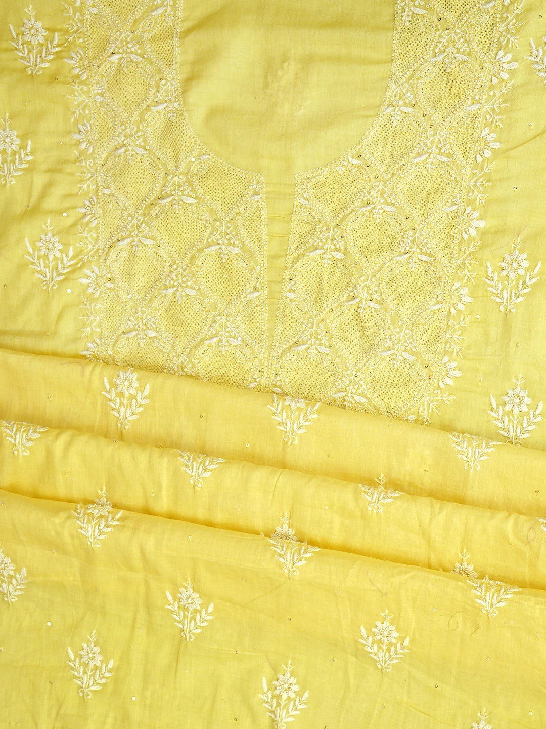 Ada Hand Embroidered Lemon Cotton Lucknowi Chikankari Unstitched Suit Piece With Cutdana Work 01A759645