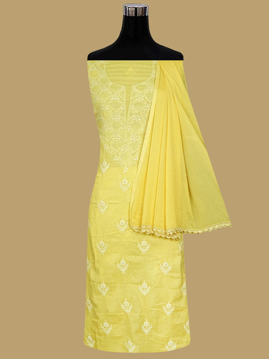 Ada Hand Embroidered Lemon Cotton Lucknowi Chikankari Unstitched Suit Piece With Cutdana Work 01A759645
