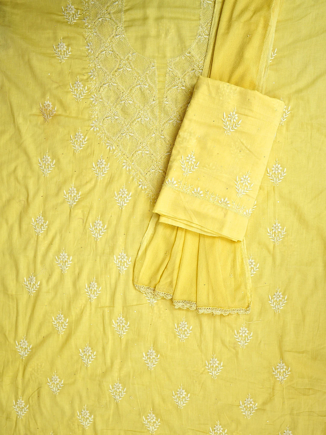 Ada Hand Embroidered Lemon Cotton Lucknowi Chikankari Unstitched Suit Piece With Cutdana Work 01A759645