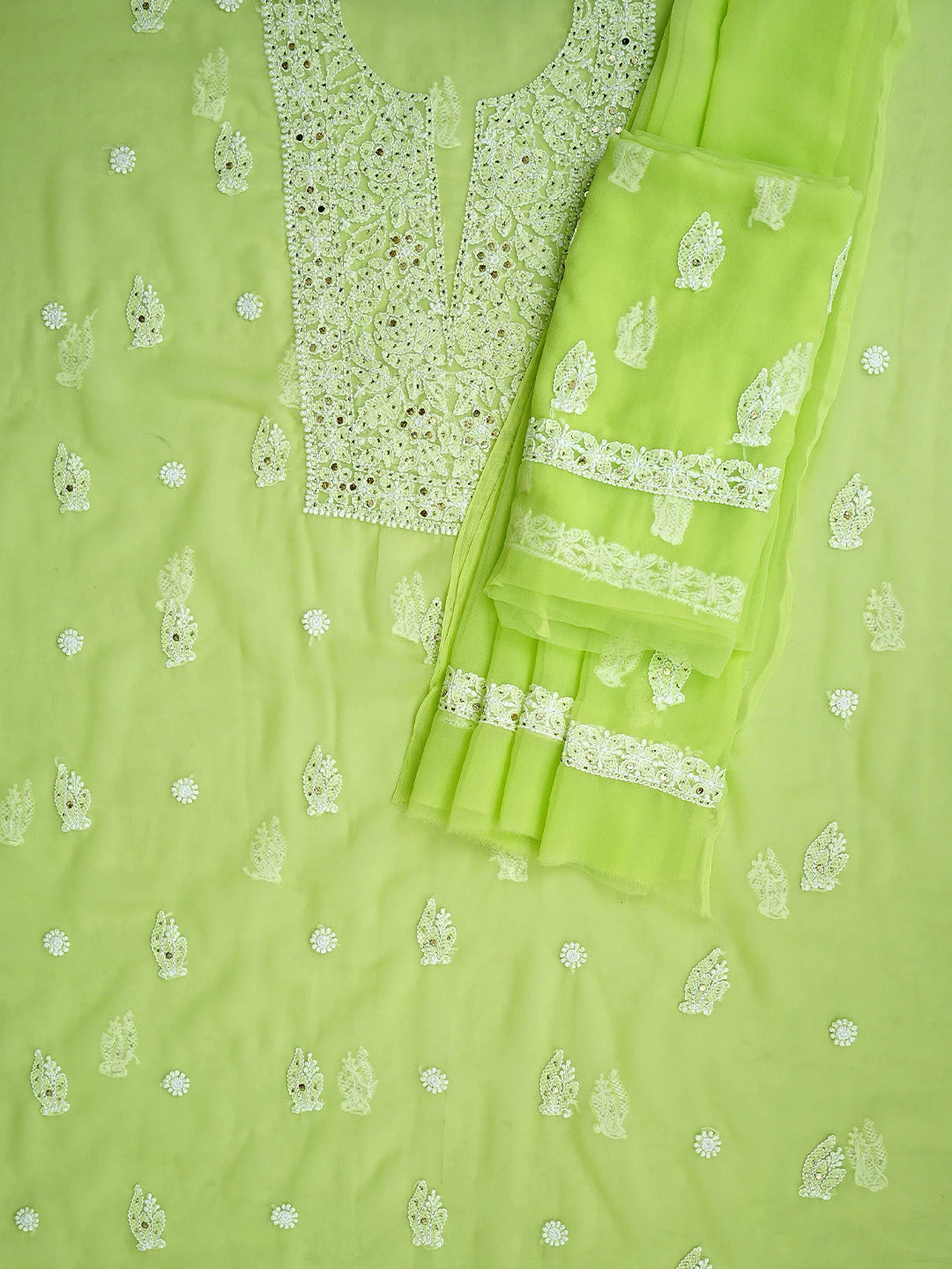 Ada Hand Embroidered Light Green Georgette Lucknowi Chikankari Unstitched Suit Piece With Mukaish Work 01A713268