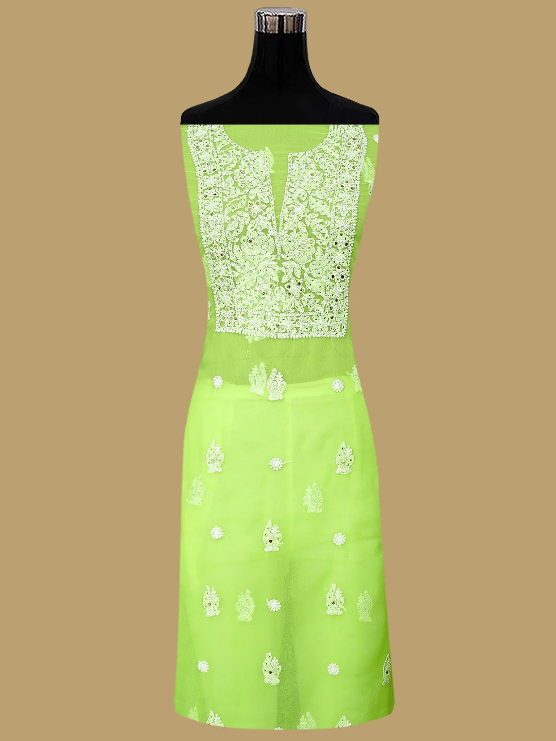 Ada Hand Embroidered Light Green Georgette Lucknowi Chikankari Unstitched Suit Piece With Mukaish Work 01A713268