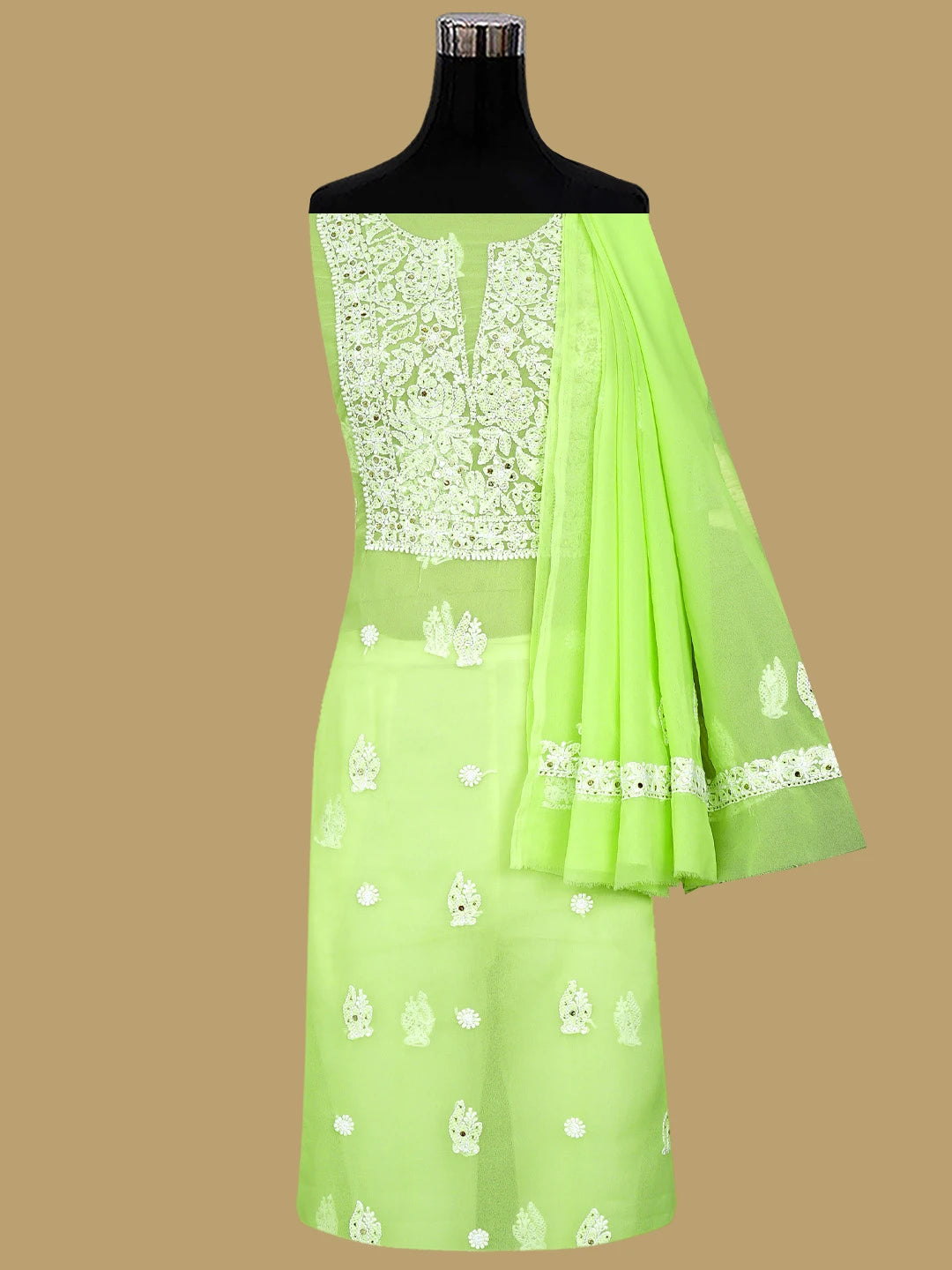 Ada Hand Embroidered Light Green Georgette Lucknowi Chikankari Unstitched Suit Piece With Mukaish Work 01A713268