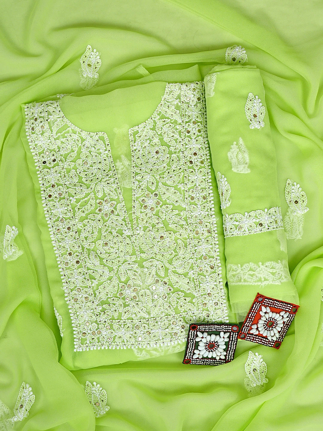 Ada Hand Embroidered Light Green Georgette Lucknowi Chikankari Unstitched Suit Piece With Mukaish Work 01A713268