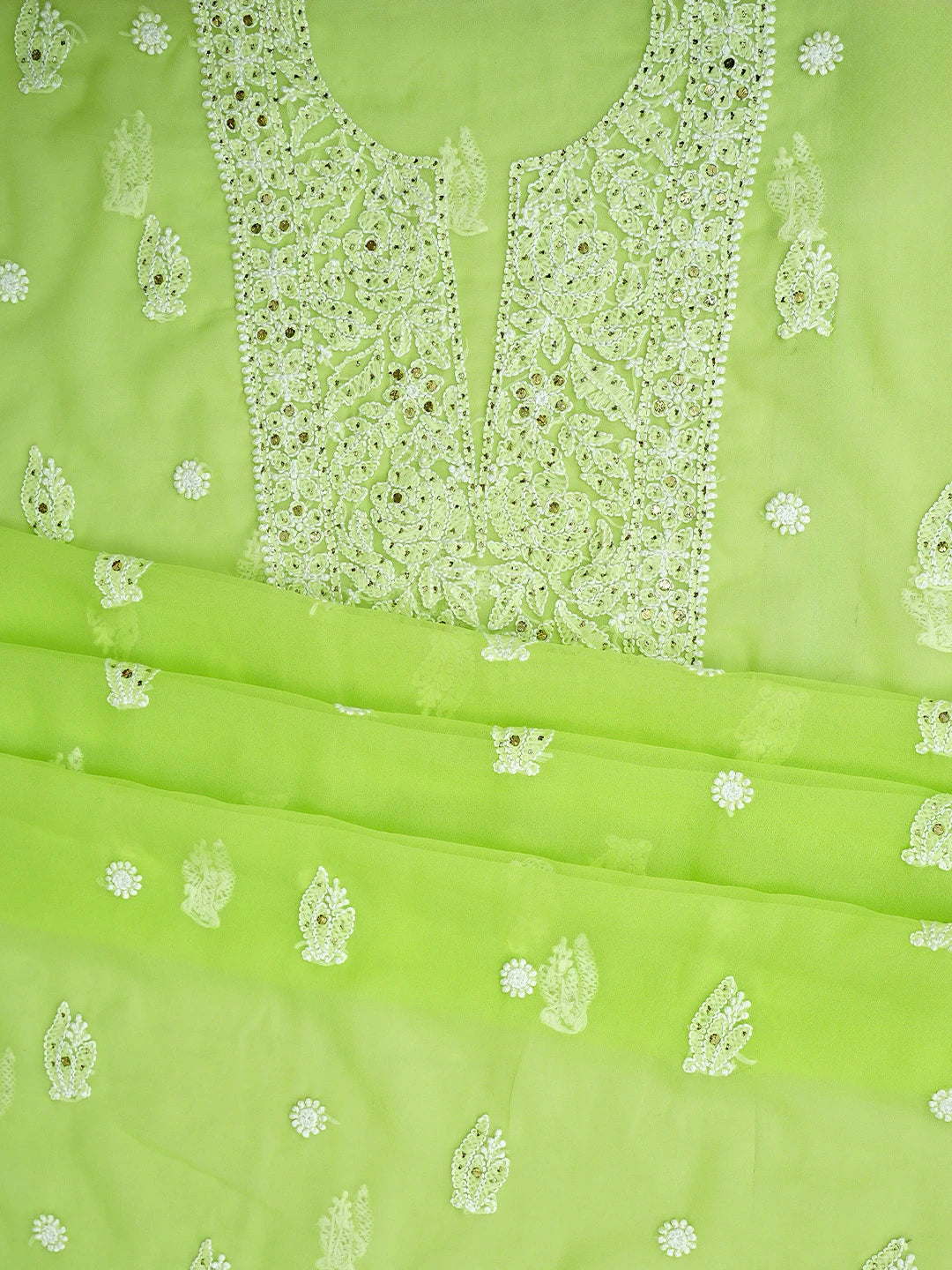 Ada Hand Embroidered Light Green Georgette Lucknowi Chikankari Unstitched Suit Piece With Mukaish Work 01A713268