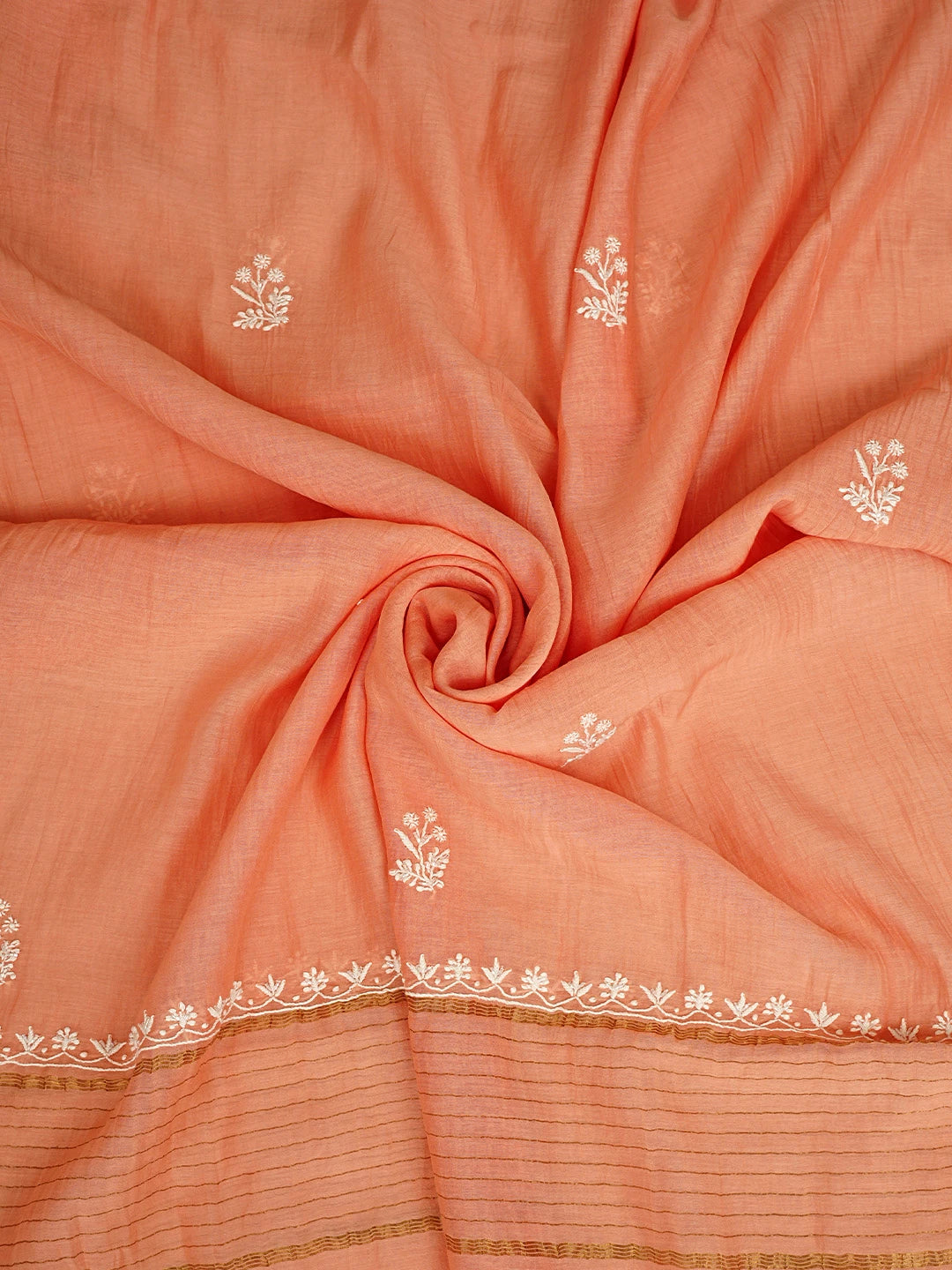 Ada Hand Embroidered Peach Chanderi Lucknowi Chikankari Unstitched Kurta Dupatta Set With Pearl Work 01A922103