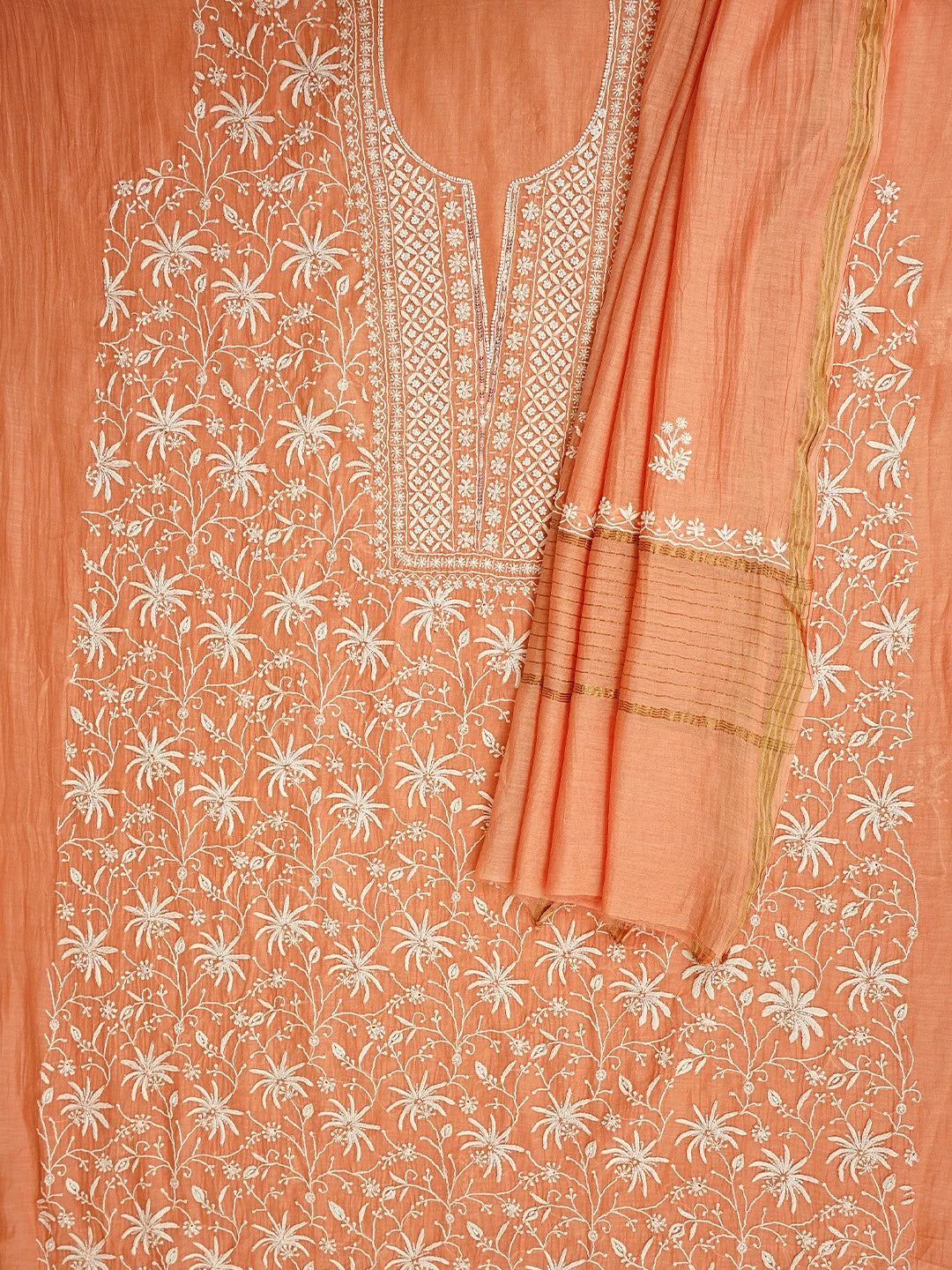 Ada Hand Embroidered Peach Chanderi Lucknowi Chikankari Unstitched Kurta Dupatta Set With Pearl Work 01A922103