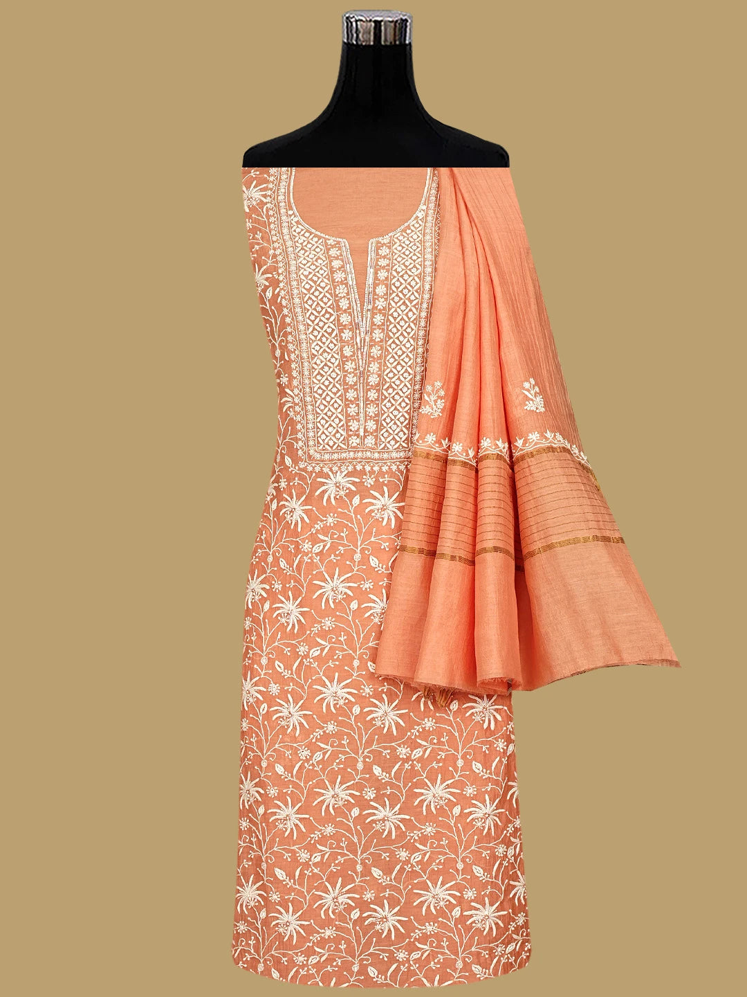 Ada Hand Embroidered Peach Chanderi Lucknowi Chikankari Unstitched Kurta Dupatta Set With Pearl Work 01A922103
