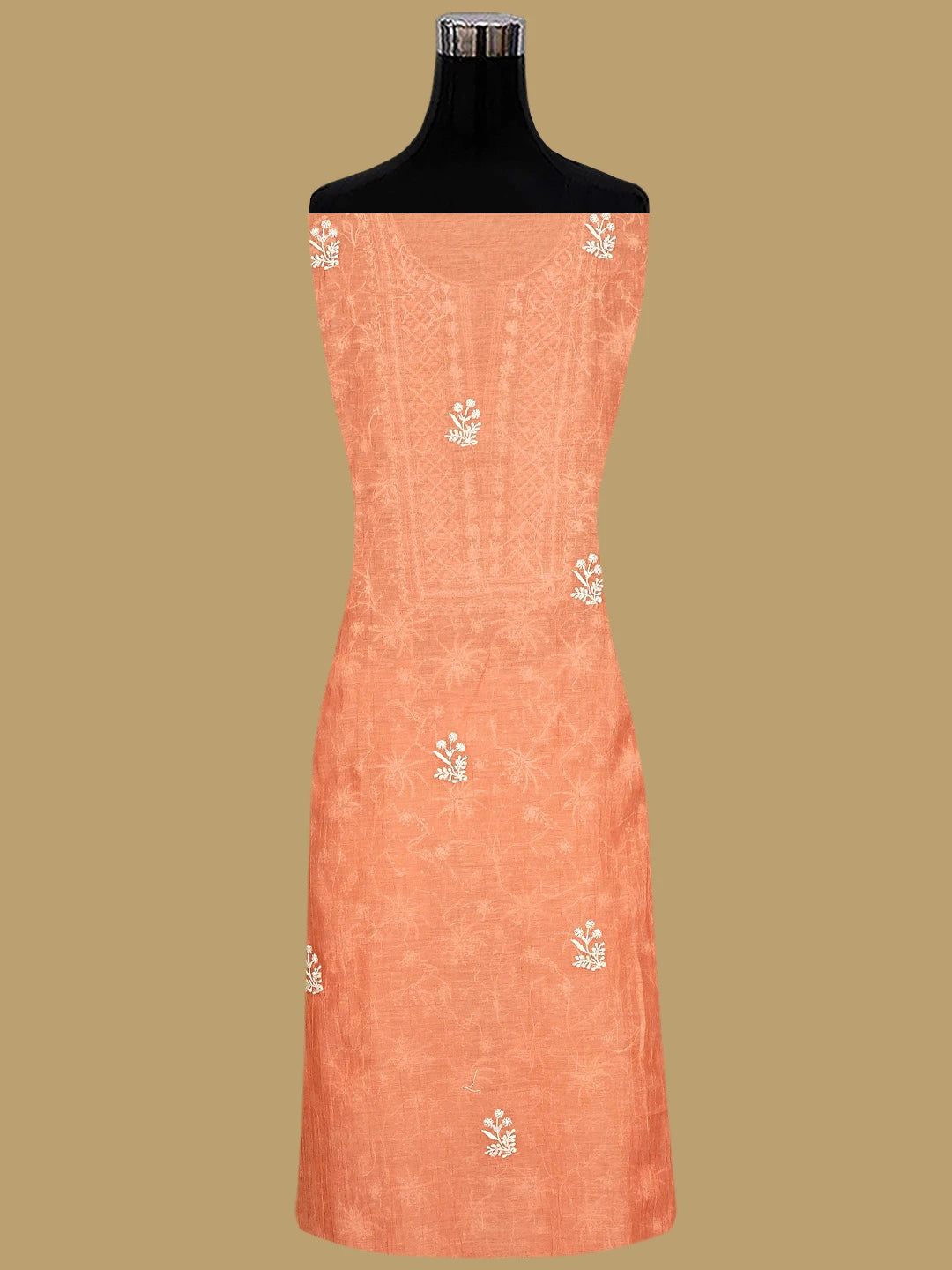 Ada Hand Embroidered Peach Chanderi Lucknowi Chikankari Unstitched Kurta Dupatta Set With Pearl Work 01A922103