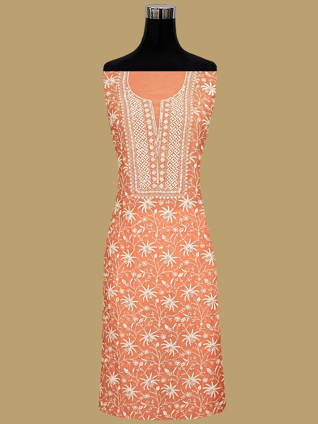 Ada Hand Embroidered Peach Chanderi Lucknowi Chikankari Unstitched Kurta Dupatta Set With Pearl Work 01A922103