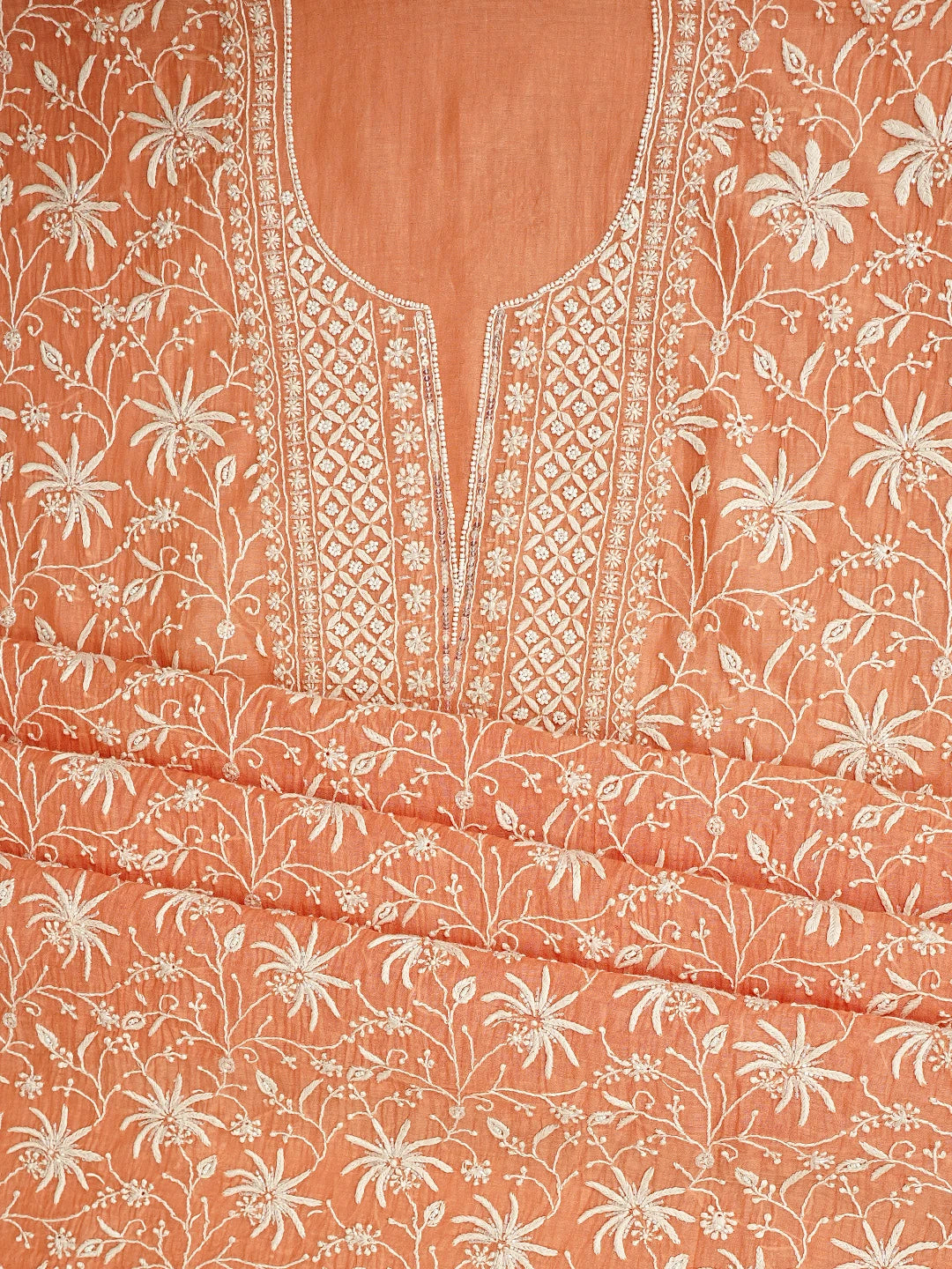 Ada Hand Embroidered Peach Chanderi Lucknowi Chikankari Unstitched Kurta Dupatta Set With Pearl Work 01A922103