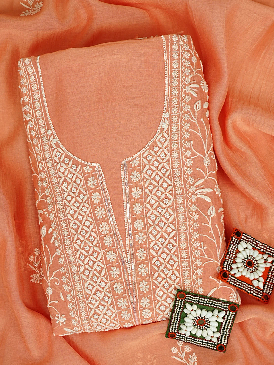 Ada Hand Embroidered Peach Chanderi Lucknowi Chikankari Unstitched Kurta Dupatta Set With Pearl Work 01A922103
