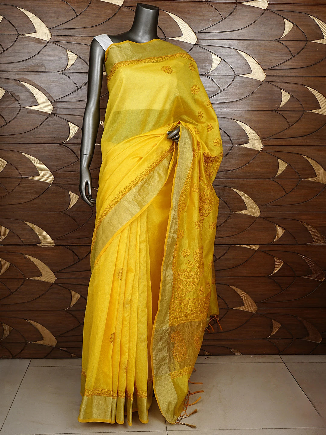 Ada Hand Embroidered Mustard Yellow Lucknowi Chikankari Saree With Blouse 01A896422