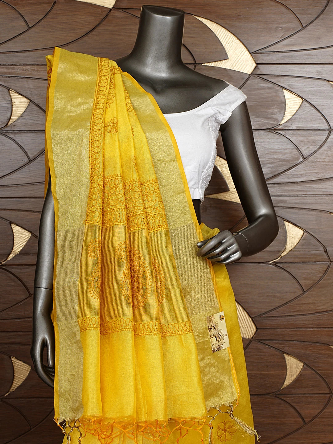 Ada Hand Embroidered Mustard Yellow Lucknowi Chikankari Saree With Blouse 01A896422