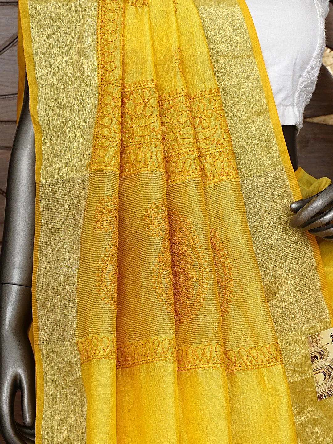 Ada Hand Embroidered Mustard Yellow Lucknowi Chikankari Saree With Blouse 01A896422