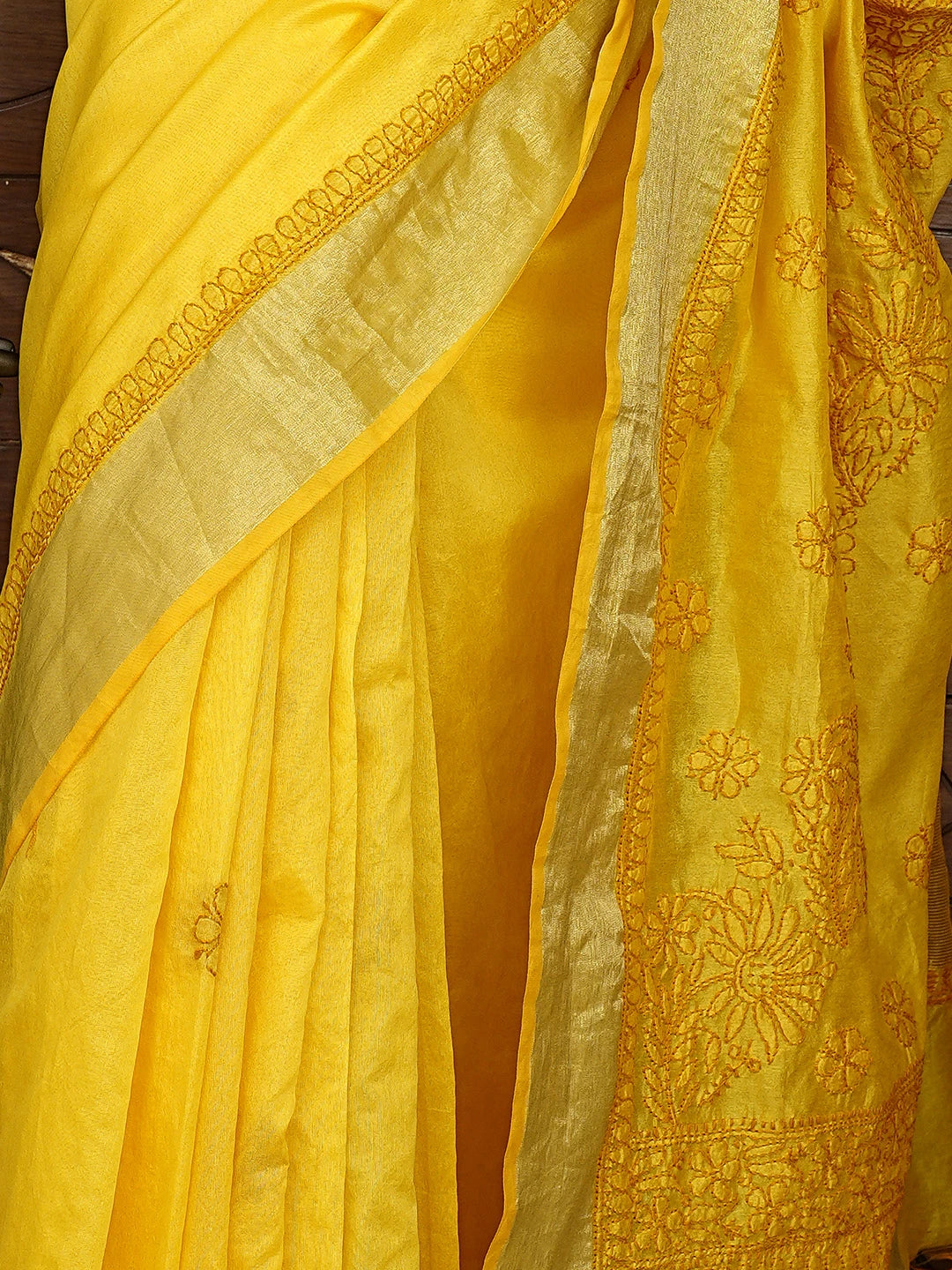 Ada Hand Embroidered Mustard Yellow Lucknowi Chikankari Saree With Blouse 01A896422